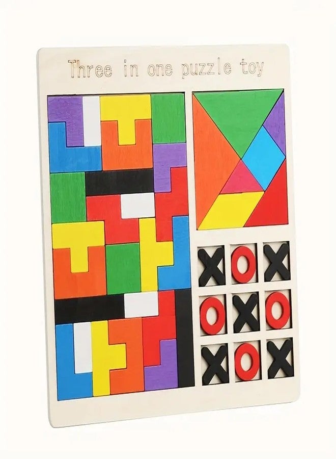 WEZOSHINET 3-in-1 Wooden Puzzle Toy for Kids Wooden Children's Educational Colorful Square Tangram Game Chess Xo Tic-Tac-Toe Nine-Square Three-in-One Puzzle Game Building Blocks Early Education Toy - Image 1